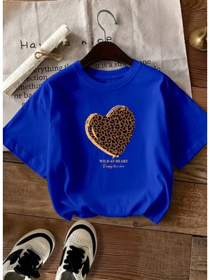 Caddekombin Kadın Wıld At  Baskılı Bisiklet Yaka Saks Mavi T-Shirt