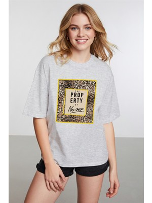 Caddekombin Kadın Leopar Desen Baskılı Bisiklet Yaka Gri T-Shirt