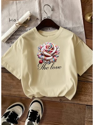 Caddekombin Kadın The Love Baskılı Baskılı Yuvarlak Yaka Bej T-Shirt