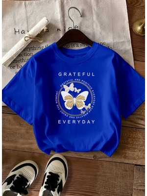 Caddekombin Kadın Gold Işıltılı Kelebek Baskılı Saks Mavi T-Shirt
