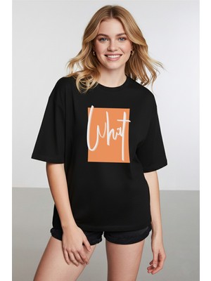 Caddekombin Kadın What Baskılı Bisiklet Yaka Siyah T-Shirt