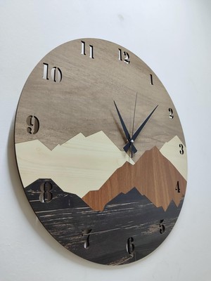 Braventa Collection Modern Rustik Dağ Motifli Ahşap Duvar Saati