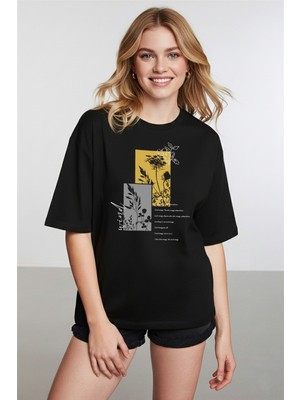 Caddekombin Kadın Batik Desenli Çiçek Baskılı Bisiklet Yaka Siyah T-Shirt