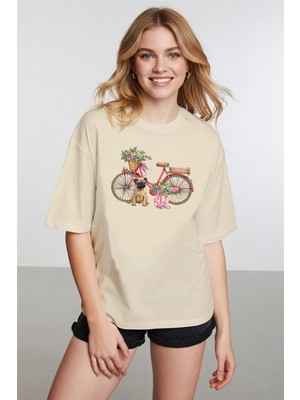 Caddekombin Kadın Pug Grafik Baskılı Yuvarlak Yaka Bej T-Shirt