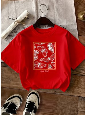 Caddekombin Kadın Gold Çerçeveli Kelebek Desenli Kırmızı T-Shirt