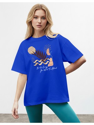 Caddekombin Kadın Estetik Çizgili Enerji Temalı Saks Mavi T-Shirt
