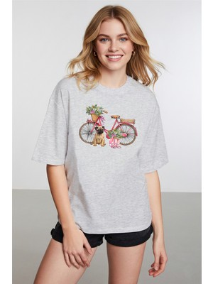 Caddekombin Kadın Pug Grafik Baskılı Yuvarlak Yaka  Gri T-Shirt