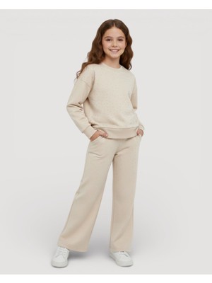 Ege Bebek Kız Çocuk Oysho Kumaş 5-14 Yaş Geniş Paçalı Taşlı Alt Üst Mevsimlik 2'li Eşofman Takım