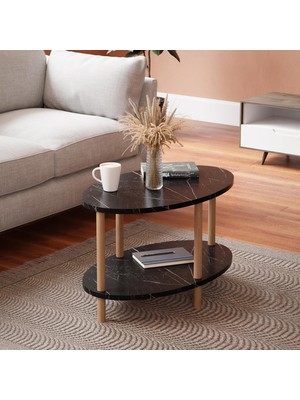Braventa Collection Intergo-Orta Sehpa Oval Ahşap Ayaklı Iki Katlı Gazetelikli (Siyah Mermer)