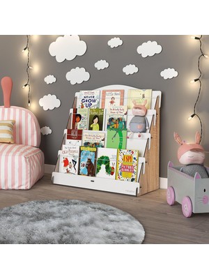 Braventa Collection Mingitav Lucky Montessori Ahşap Çocuk Odası 4 Raflı Kitaplık (Meşe - Beyaz)