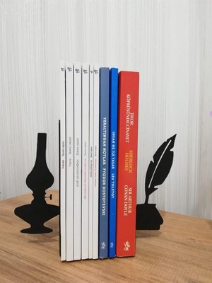 Braventa Collection Dekoratif Divit ve Gaz Lambası Desenli Metal Kitap Tutucu 2'li Paket