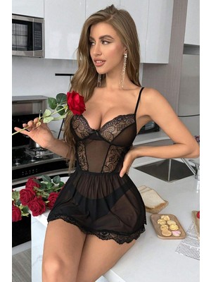 Yaman Market Siyah Dantel Detaylı Transparan Gecelik 15732 - KB002H-6IE9L8