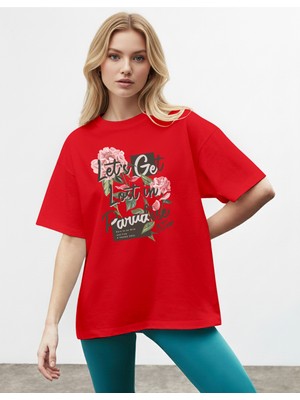 Caddekombin Kadın Pembe Gül Baskılı Bisiklet Yaka Kırmızı T-Shirt