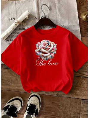 Caddekombin Kadın The Love Baskılı Baskılı Yuvarlak Yaka Kırmızı T-Shirt