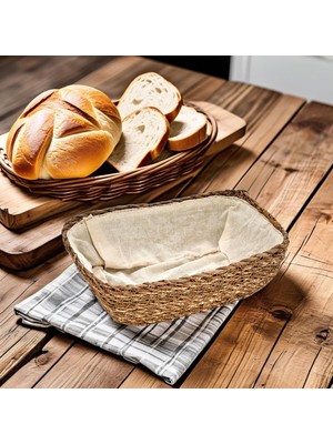 Braventa Collection Deconox El Yapımı Hasır Içi Bezli Dikdörtgen Ekmeklik ve Dekoratif Dikdörtgen Hasır Sepet, Hasır Içi