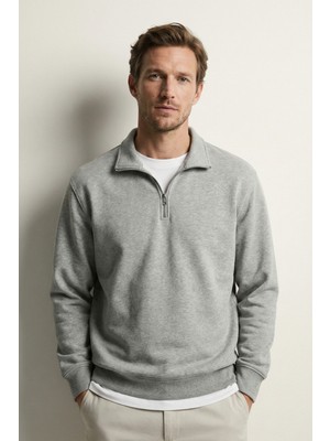 elemge Pamuklu Erkek Sweatshirt Gri Soft Touch Relax Fit Yarım Fermuarlı Dik Yaka 3 Iplik Nefes Alan