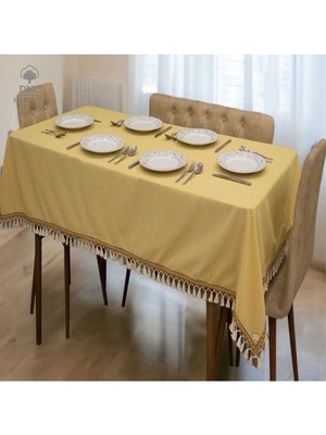DNC Hometex Premium Sarı Keten Kahverengi Şeritli Masa Örtüsü