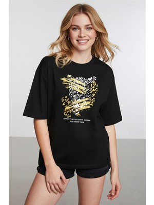Caddekombin Kadın Gold Leopar Illüstrasyonlu Siyah T-Shirt