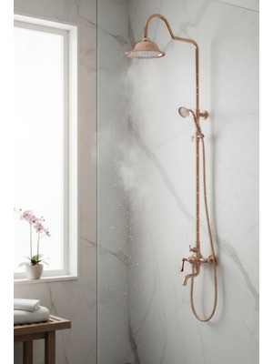 İsaoğlu Yapı Bakır Duş Sistemi Royal Tepe Yağmurlama Retro Bronz Duş Seti Alt Armatür Dahil Komple Duş Seti