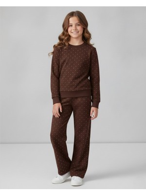 Ege Bebek Kız Çocuk Oysho Kumaş 5-14 Yaş Geniş Paçalı Taşlı Alt Üst Mevsimlik 2'li Eşofman Takım