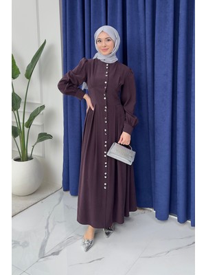 Tesettür Diyarı Moka Cupra Tansel Önden Düğmeli Tesettür Elbise- Mürdüm