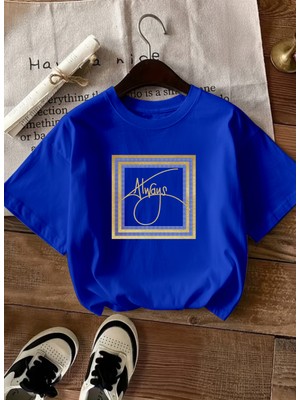 Caddekombin Kadın Always Slogan Gold Çerçeveli Saks Mavi T-Shirt