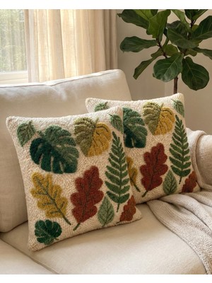 Menesa Home Punch Nakış Desenli Dijital Baskı Yeşil Kahverengi Sonbahar Yaprak Temalı 2’li Kırlent Kılıfı Seti