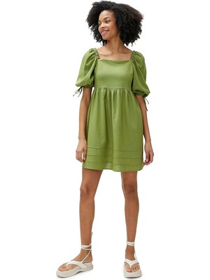 Braventa Collection Mini Elbise Keten Karışımlı Balon Kollu Pencere Detaylı Fiyonk Detaylı