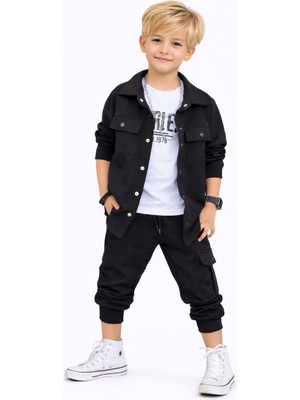 Rapapa Erkek Çocuk Bayramlık Gabardin 3 Parça Alt Üst Takım Siyah 1103