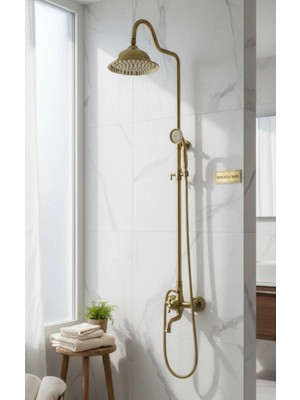 İsaoğlu Yapı Antik Gold Retro Duş Sistemi Mat Gold Fırçalanmış Alt Armatür Dahil Banyo Duş Seti Pirinç Materyal