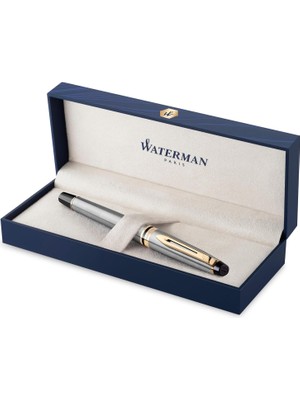 Braventa Collection Waterman Expert Paslanmaz Çelik Altın Tasarımlı Dolma Kalem, Orta Kalınlıkta Uç, Mavi Mürekkep