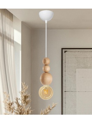 Braventa Collection Ahşap Detaylı Modern Bohem Rustik Sarkıt Avize Şık ve Doğal Tasarım Salon Oturma Odası (Beyaz Tekli