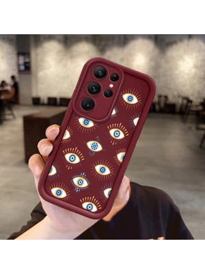 Ucuc Samsung Galaxy S22 Ultra Uyumlu Bordo Silikon Kılıf Nazar Boncuğu Desenli Darbeye Dayanıklı Lens Koruma