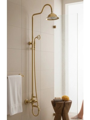 İsaoğlu Yapı Gold Retro Duş Sistemi Alt Armatür Dahil Altın Duş Seti Pirinç Materyal Tepe Yağmurlamalı Klasik