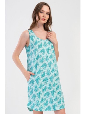 Vienetta Kadın Kalın Askılı Cepli Yaprak Desenli Mint Gecelik Tunik C1T3N2804