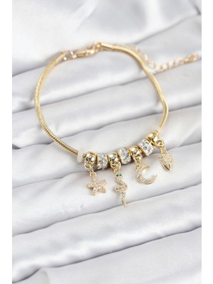 Bsre Pirinç Yılan Charmlı Kadın Bileklik (Gold Renk)