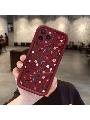Ucuc iPhone 15 Pro Uyumlu Bordo Çiçek Desenli Silikon Malzeme Darbeye Dayanıklı Lens Koruma