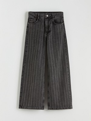 Lcw Siyah Wideleg Taşlı Kız Çocuk Jean Pantolon