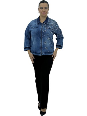 Büyük Beden Denim Taşlı Fermuarlı Cepli Uzun Kollu Kadın Ceket