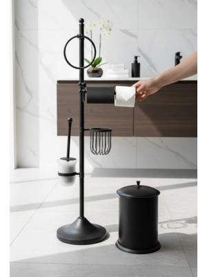 İsaoğlu Yapı Siyah Banyo Seti Fırçalık Tuvalet Kağıtlık Kova Havluluk Retro Seri Pirinç Malzeme Mat Siyah Renk