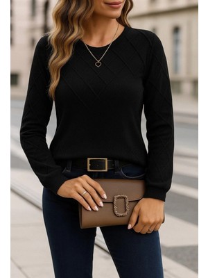 Pilelistore- Kadın Uzun Kollu Bisiklet Yaka Geometrik Desenli Triko Bluz