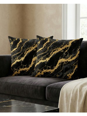 Menesa Home Siyah Gold Mermer Desenli Dijital Baskı Modern Dekoratif 2’li Kırlent Kılıfı Seti