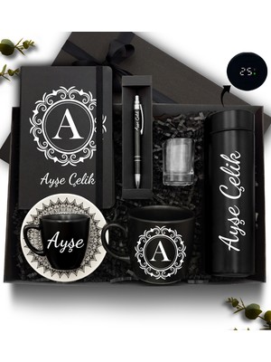 As Gift Kişiye Özel Siyah 500 ml Dereceli Termos & Defter & Kupa & Fincan&cam Su Bardağı & Kalem Hediye Seti