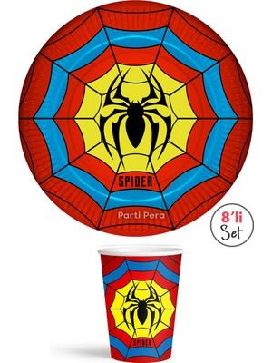 Parti Pera Spider Karton Tabak Bardak 8'li Set Örümcek Temalı Karton Tabak Bardak