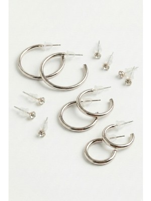 Aurrari Silver 3 Çift Halka ve 6 Adet Zrikon Taşlı Küpe Seti