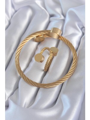 Inure Jewelry 316L Çelik Gold Renk Sarmal Model Erkek Bileklik Yüzük Kombini