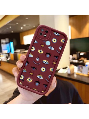 Ucuc Realme C21 Uyumlu Bordo Silikon Kılıf Nazar Boncuğu Desenli Darbeye Dayanıklı Lens Koruma