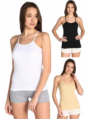 Tutku Kadın Beyaz Ince Askılı Atlet 3 Adet Çok Renkli Standart Beden Rahat Kesim