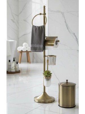 İsaoğlu Yapı Eskitme Gold Banyo Seti Tuvalet Kağıtlık Havluluk Kova ve Klozet Fırçası Retro Banyo Seti Pirinç