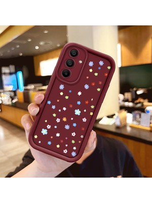 Ucuc Samsung Galaxy A15 Uyumlu Bordo Silikon Kılıf Çiçek Desenli Darbeye Dayanıklı Lens Koruma